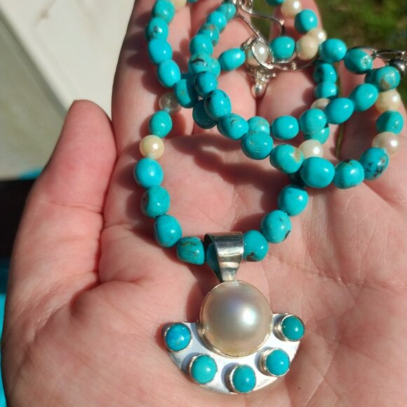 Jay King DTR mine finds Turquoise Mabe pearl necklace pendant 925 Sterling Silve - Picture 5 of 6